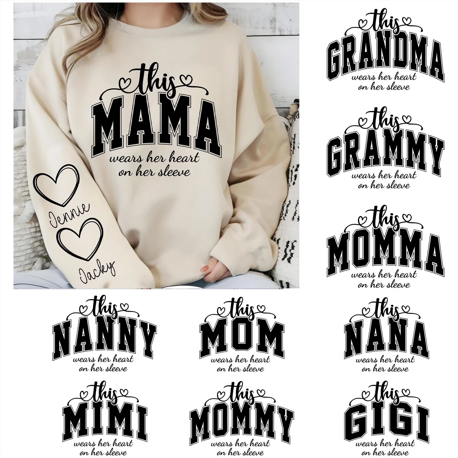 This Mama/Grandma/Nana Wears Her Heart On Her Sleeve-Customizable (crewneck) (Copy)