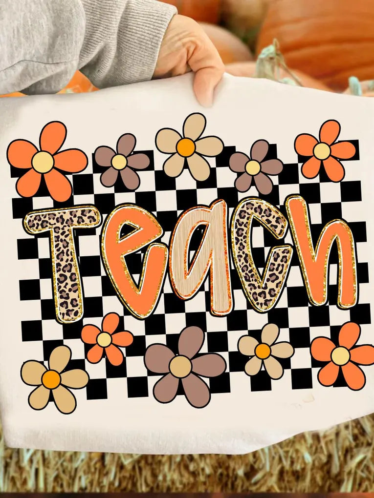 Checkers w/flowers print Teacher-Tshirt